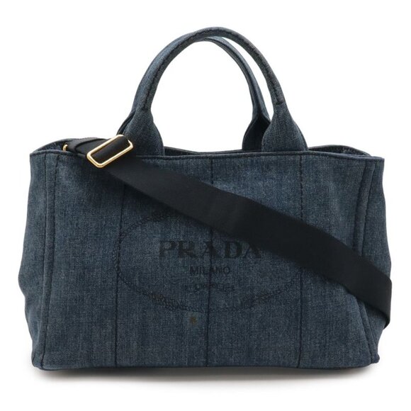 Prada Canapa Tote 2-Way Shoulder Bag Crossbody Denim Canvas Avio Blue Gold